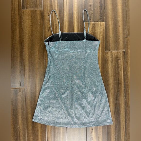 Size S Urban Outfitters Metallic Silver Tinsel Mini Dress Thin Straps y2k Square - Picture 11 of 13